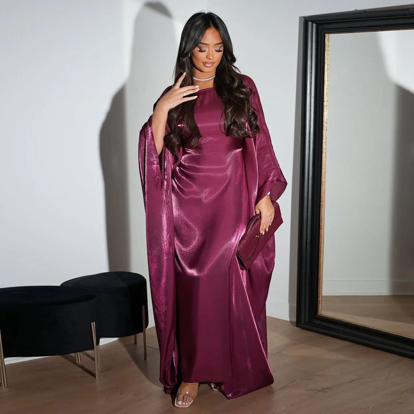 Batwing Butterfly Sleeve Satin Dress Abaya Dubai Muslim Maxi Dress Kaftan Abayas for Women Kebaya Caftan Robe Femme Vestidos