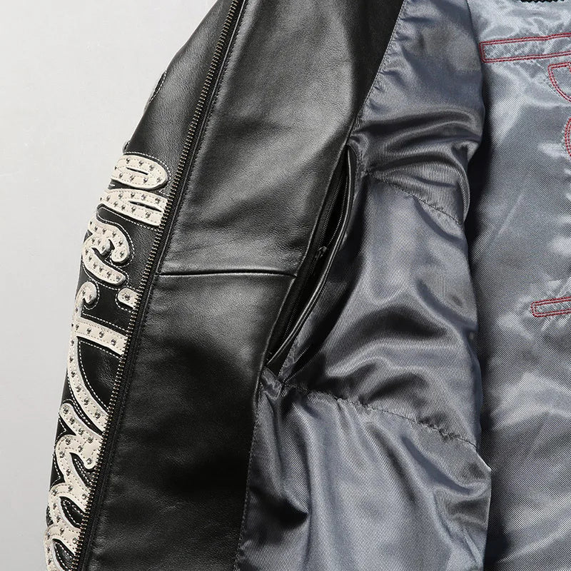 US size men's Hip Hop Sheep skin Varsity Jacket Embroidered Diamond Classic Casual Sport genuine leather Coat tops