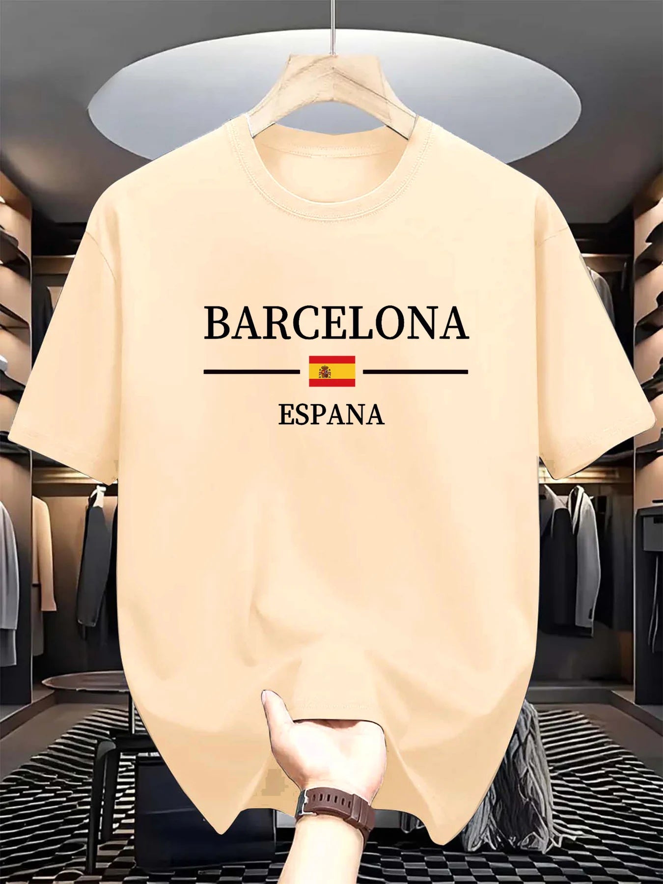 Summer men's 100% pure cotton casual sports loose Barcelona Spanish letter printed comfortable round neck short sleeved T-shirt