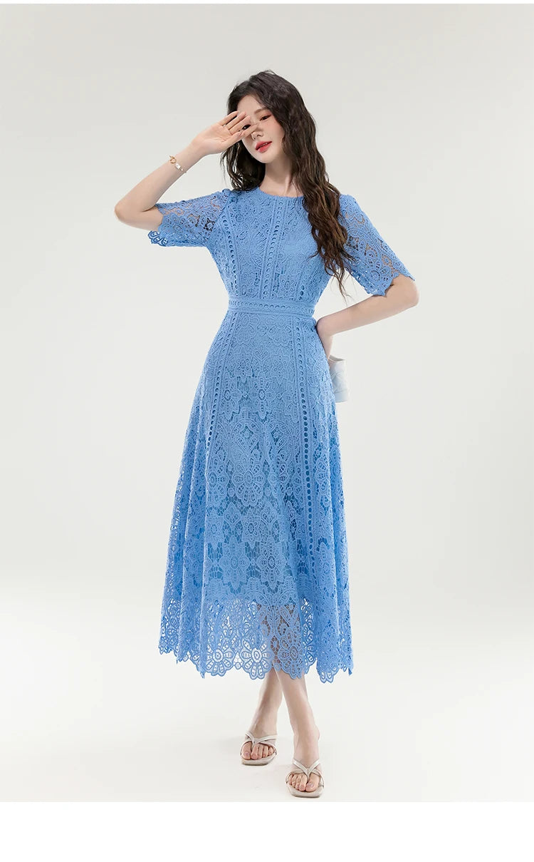 2025 New Summer French Elegant Fashion Evening Dress Women Lace Hollow Out Crochet Party Dress Casual Chic Holidays Clothing