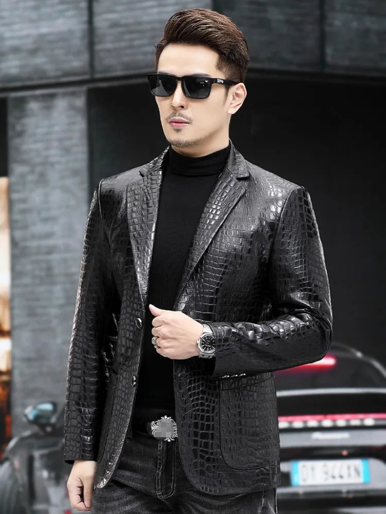 Luxury Business Men Alligator Pattern Genuine Leather Jacket Spring New Single Breasted Slim Fit Real Sheepskin Blazer Suit Coat