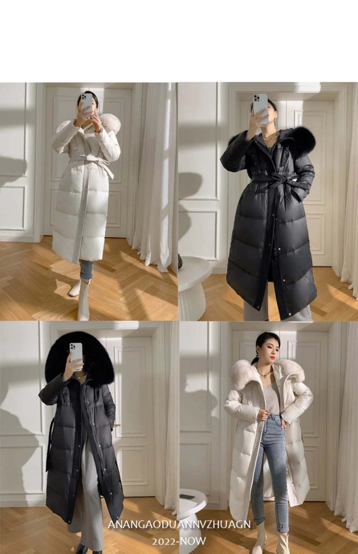 Women’s Luxury White Goose Down Coat – Hooded Long Jacket with Fox Fur Collar & Belt