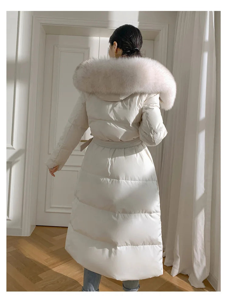 Women’s Luxury White Goose Down Coat – Hooded Long Jacket with Fox Fur Collar & Belt