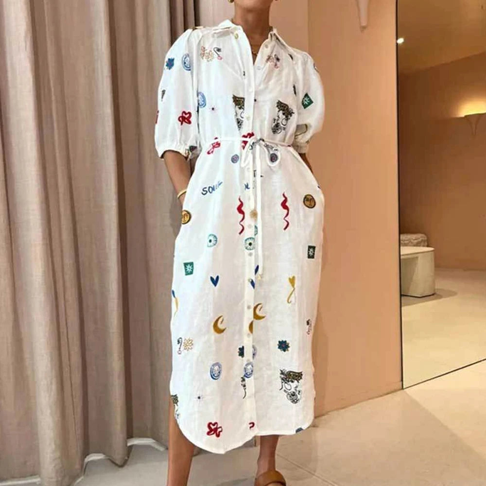 Rafiah Women's Summer Arabian Dress Comfortable Full Print Single Breasted Lace-Up Puff Sleeve Shirt Collar Midi Casual Arabian