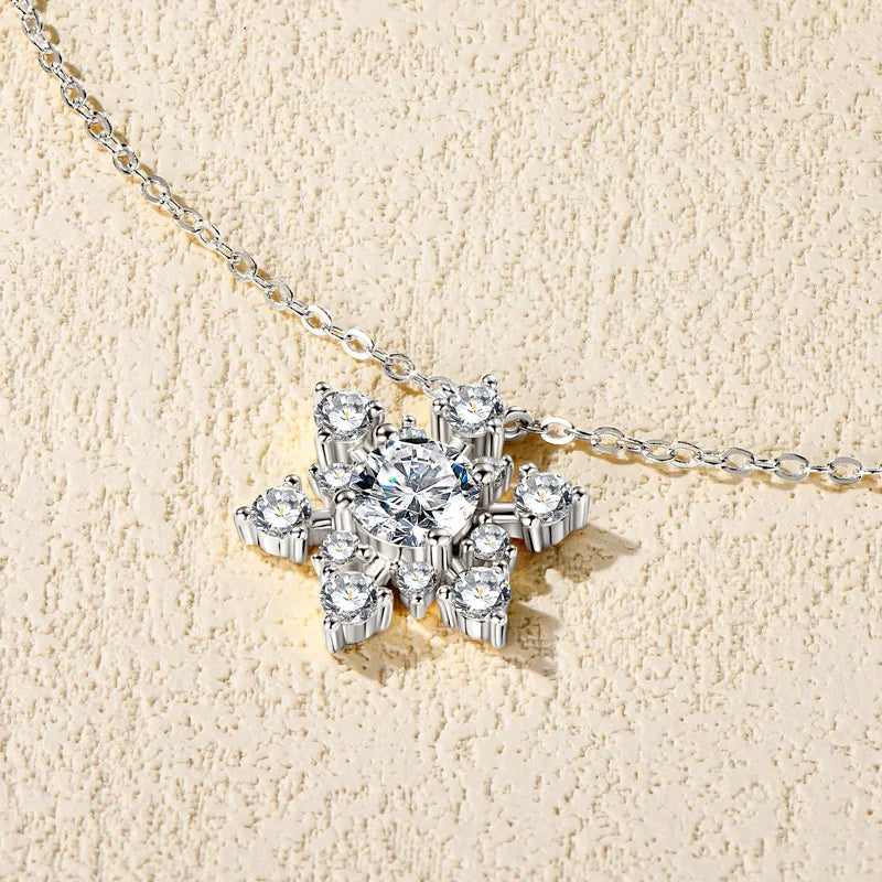 Lnngy Bling 6.5mm&3mm&2mm Moissanite Necklace 925 Sterling Silver Snowflake Pendant Necklaces for Women Christmas Jewelry Gift