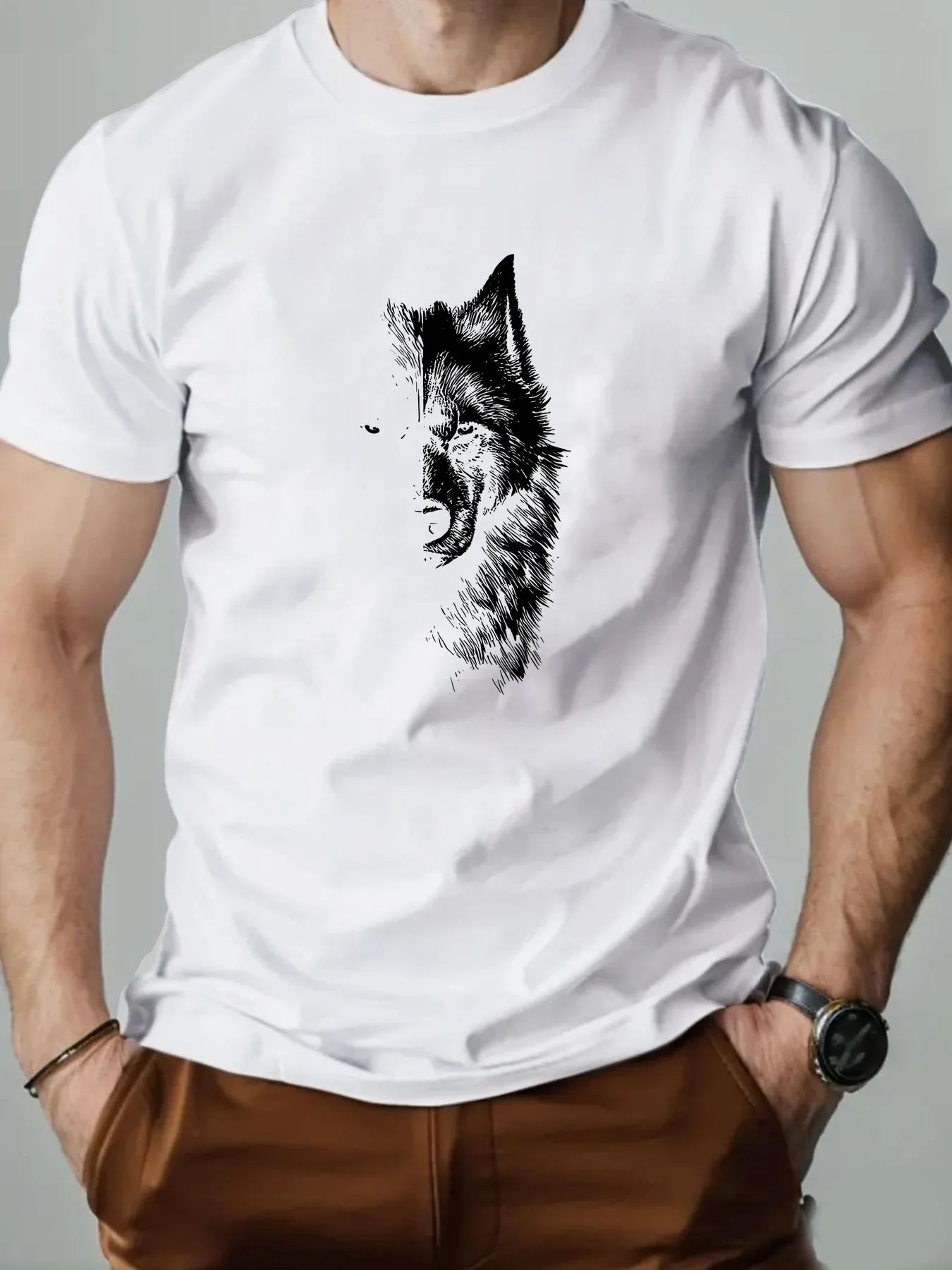 🐺 Men’s Summer 100% Cotton Casual T-Shirt,Half Wolf Pattern Print | Loose Fit | Round Neck | Breathable Comfort