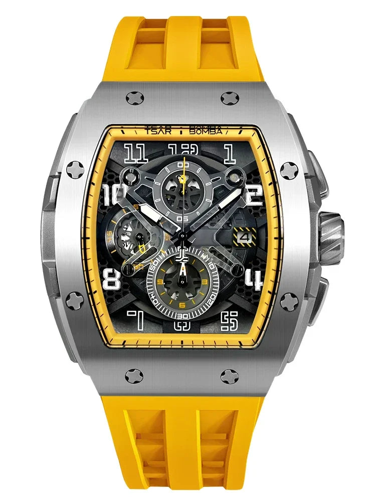 TSAR BOMBA Luxury Mens Watch Top Brand Wristwatch Tonneau Clock Rubber Strap Chronograph Sapphire Watches for Men
