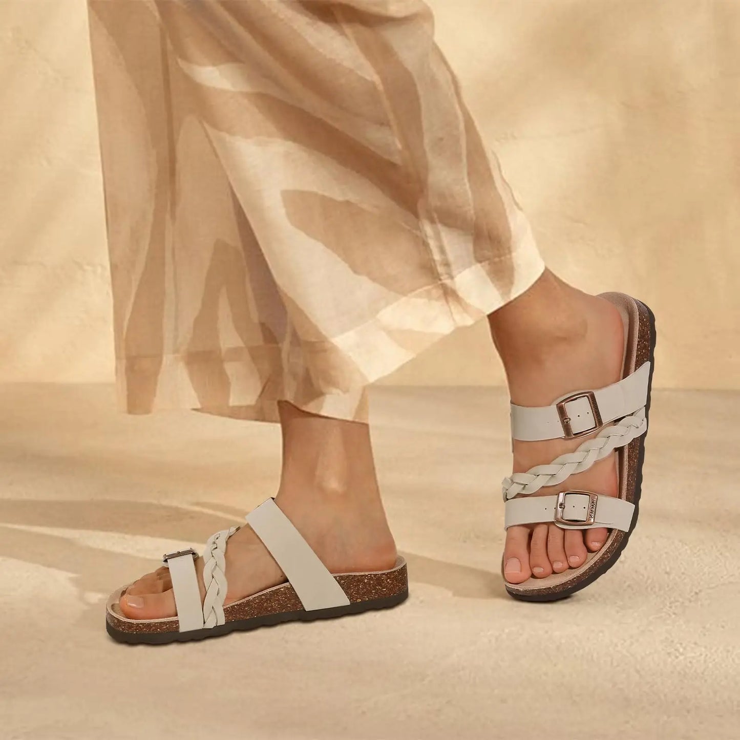 Crestar Women's Cork Footbed Sandals Lady Fashion Buckle Slip-On Slide Sandals New Summer Comfortable Sllipers with Arch Support
