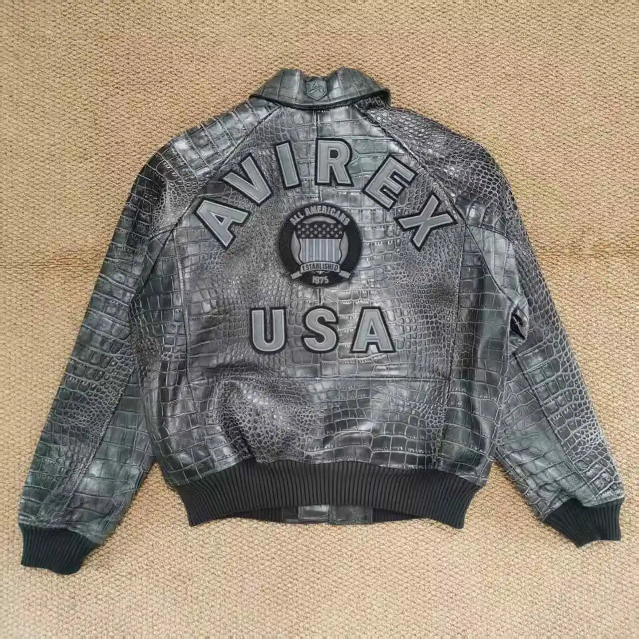 AVIREX new men's genuine leather jacket France 1.5 mm thick sheepskin embroidered crocodile pattern flight suit baseball coat