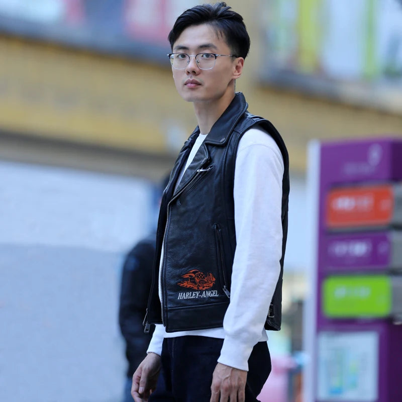 Slim street leather undershirt casual head layer cowhide vest men women couple models motorcycle sleeveless jacket