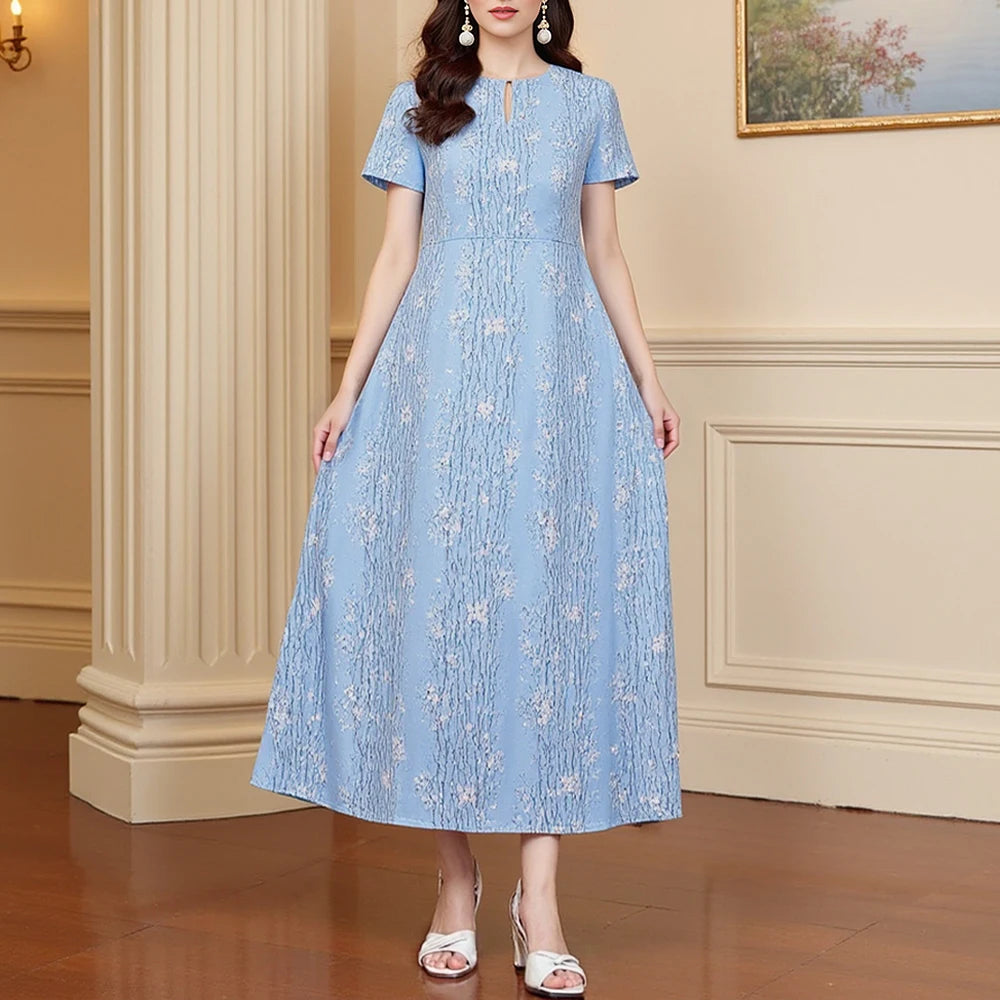 Rafiah Summer Women's Arabian Dresses 2025 Elegant Plain Appliques Short Sleeve Round-Neck Indie Folk A-Line Long Dress