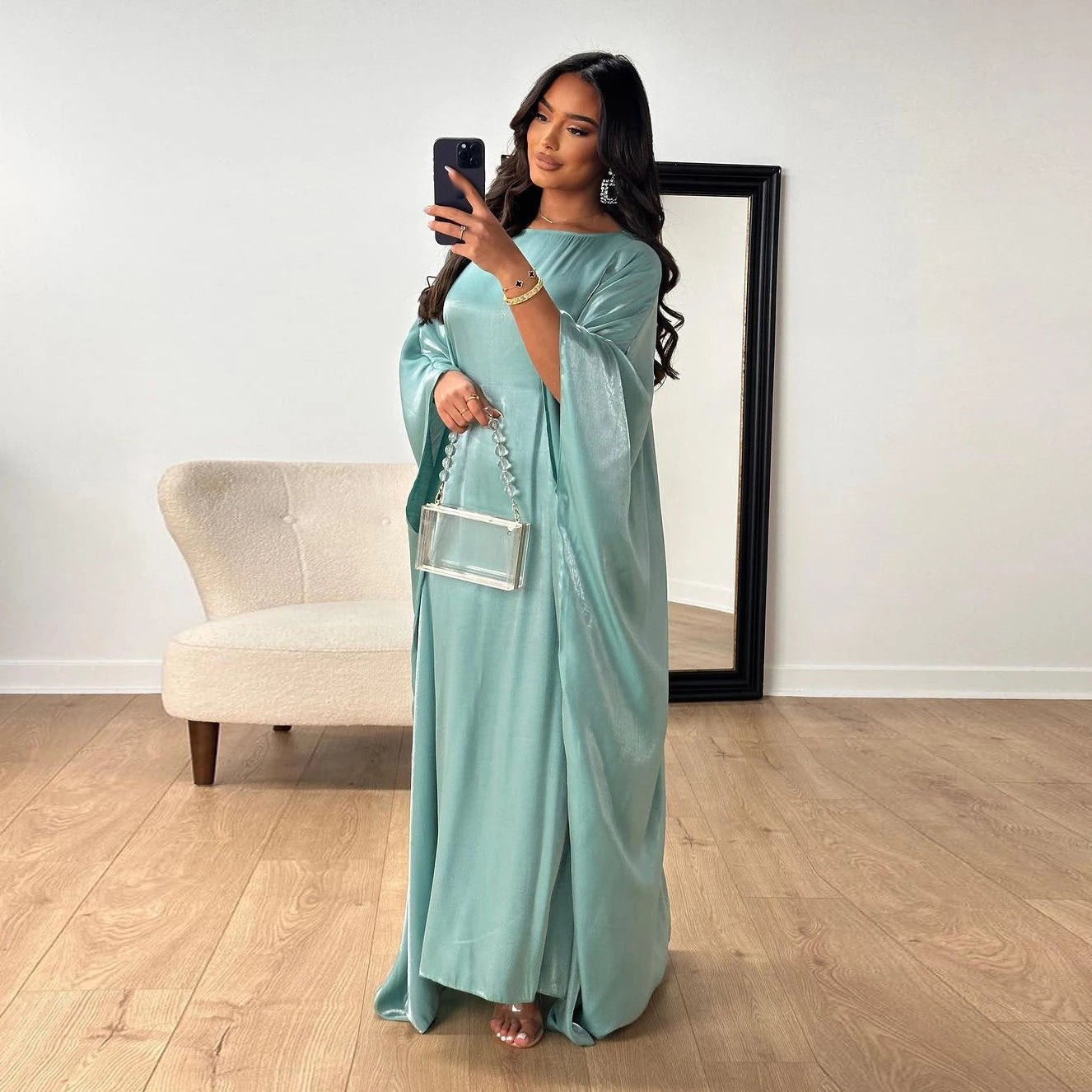 Batwing Butterfly Sleeve Satin Dress Abaya Dubai Muslim Maxi Dress Kaftan Abayas for Women Kebaya Caftan Robe Femme Vestidos