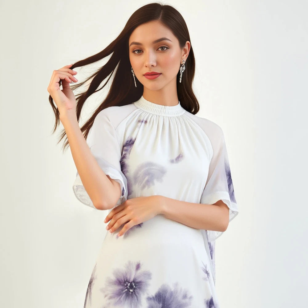 Rafiah Women's Summer Long Dress Arabian 2025 Casual Flower Print Sheer Draped Short Sleeve Halter Neck Vacation Dress