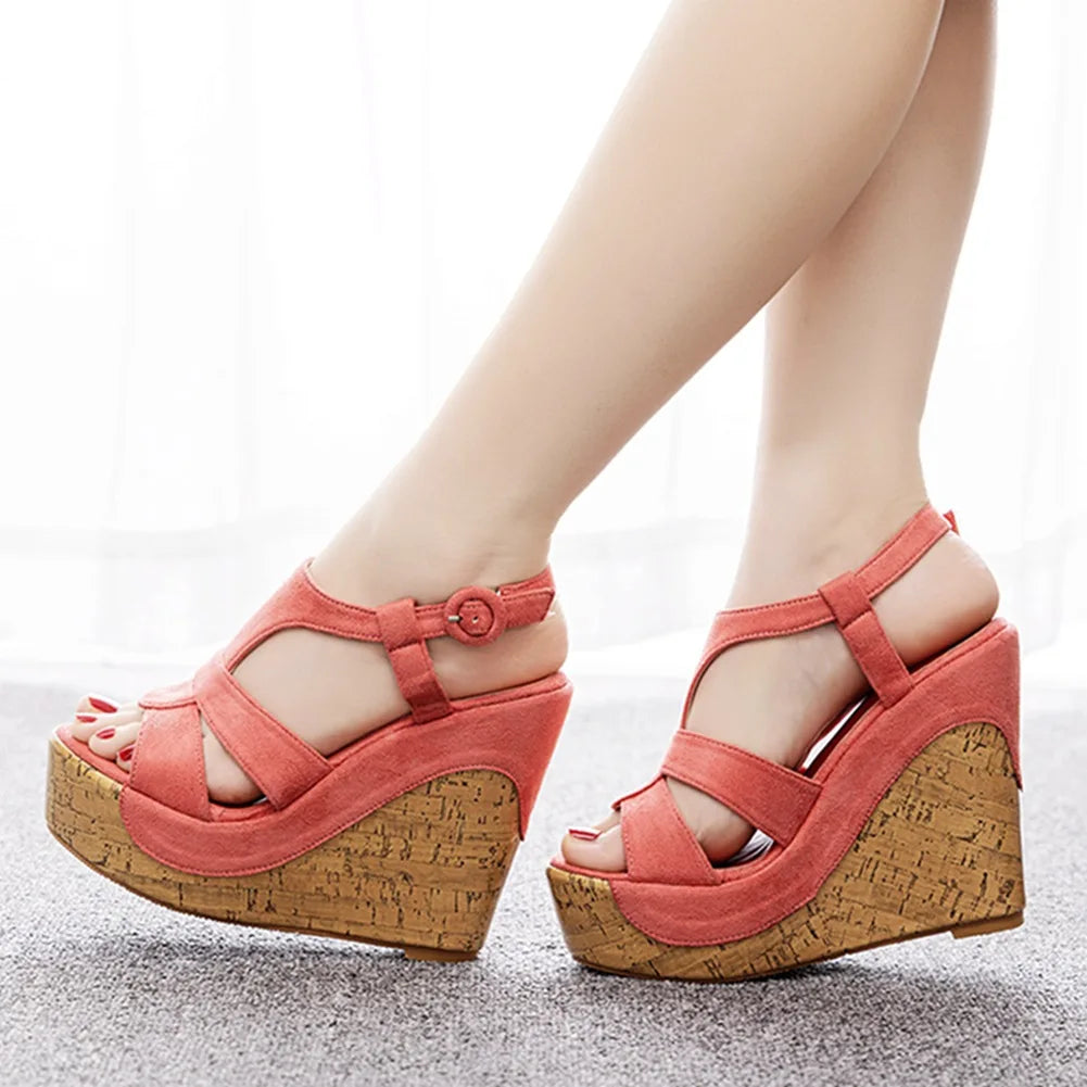 Women’s Summer Flock Sandals – 12CM Wedge Heels with Buckle Strap, White