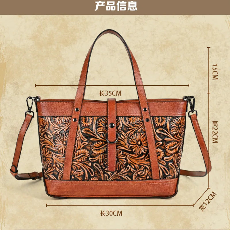 Vintage Embossed Leather Tote Bag for Women, Large Capacity Cowhide Shoulder Bag with Adjustable Strap, Handcrafted Work Purse