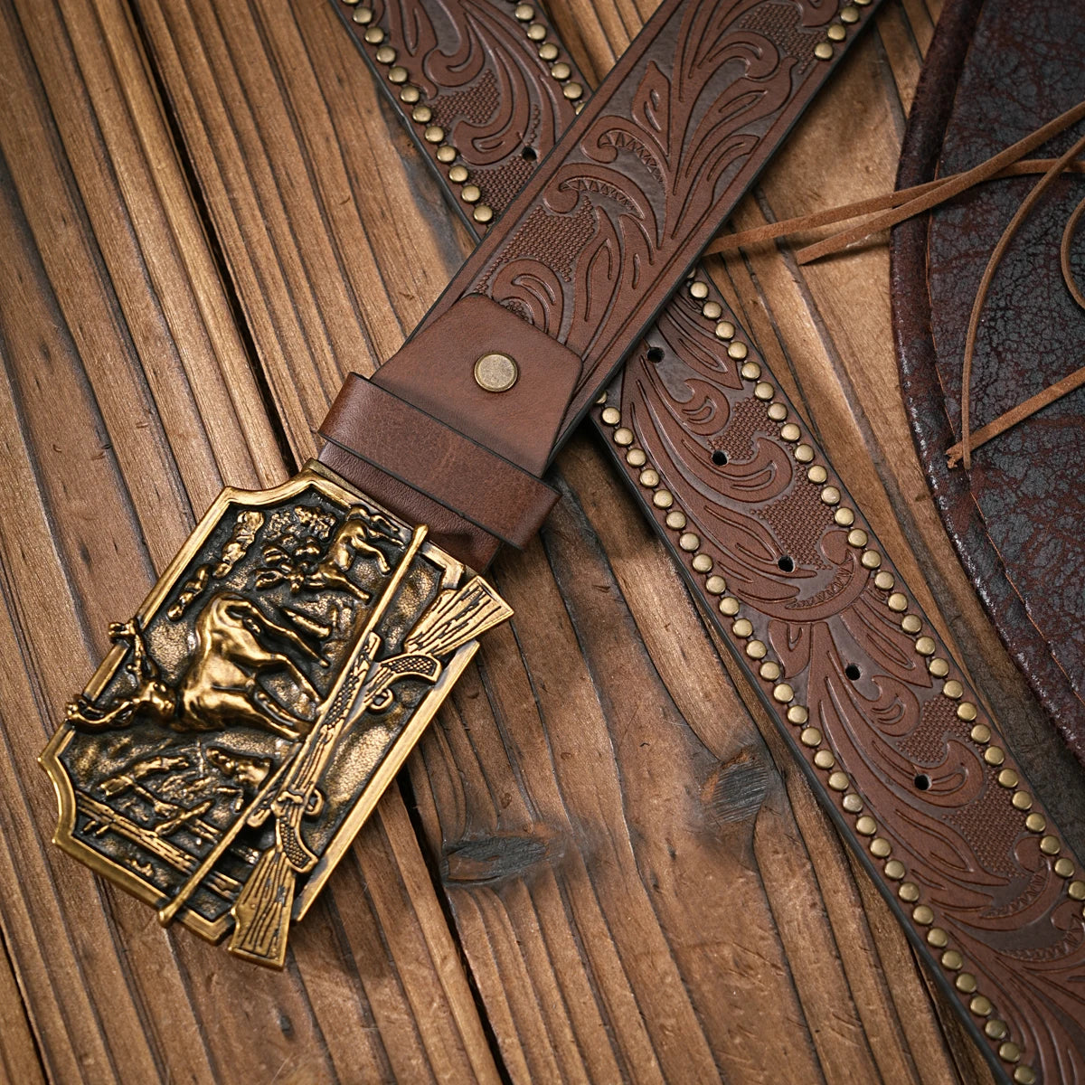 Men - Women - Western Denim - pu leather - Belt - Vintage jeans with carved buckle belt