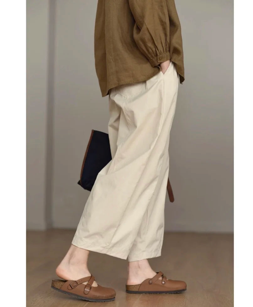 Retro Workwear Wide Leg Pants Women's High Waist Loose Casual Versatile Nine Point Straight Cut Carrot Pants Artistic Sle