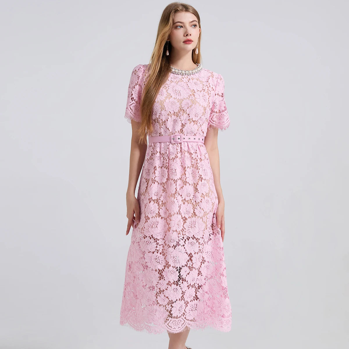 Luxury Eyelash Lace Mid-Calf Party Dress – Women’s Summer Short Sleeve A-Line with Crystal Beading, Hollow-Out Design – Pink Bridesmaid & Prom Gown
