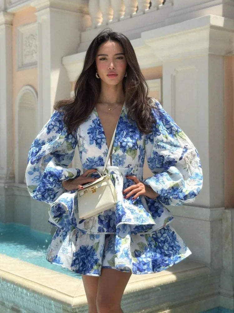 Floral Ruffled Hem Mini Dress – Women’s Deep V-Neck Lantern Sleeve Elegant Party Outfit