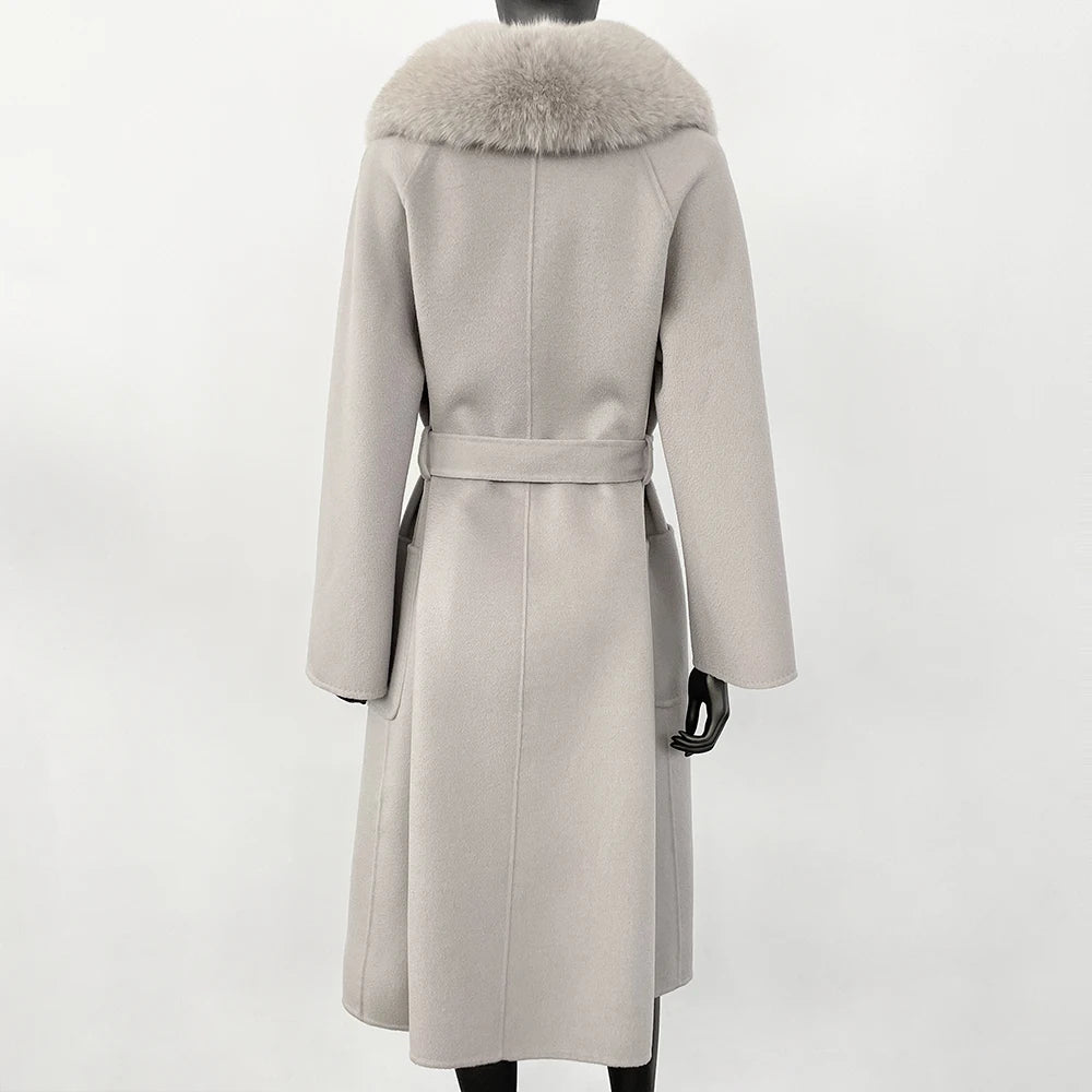 GENHUA 2025 New Casual Fur Coat for Ladies Winter Wool Long Fur Ladies Natural Real Fox Fur Collar Jacket for Ladies Warm Coat
