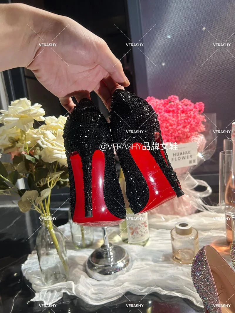 Crystal red soled high heels, black pointed shallow mouth single shoes, thin heels, evening temperament women's shoes
