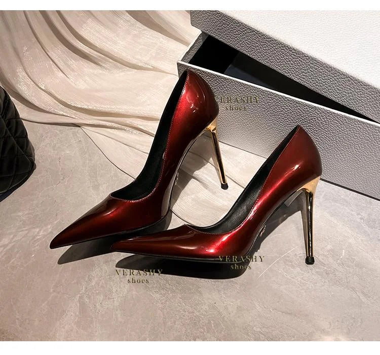 Green Shoes Quality Woman Pumps Patent Leather High Heels Sexy Party Shoes Metal Stilettos Luxury Wine red High-heeled Shoes