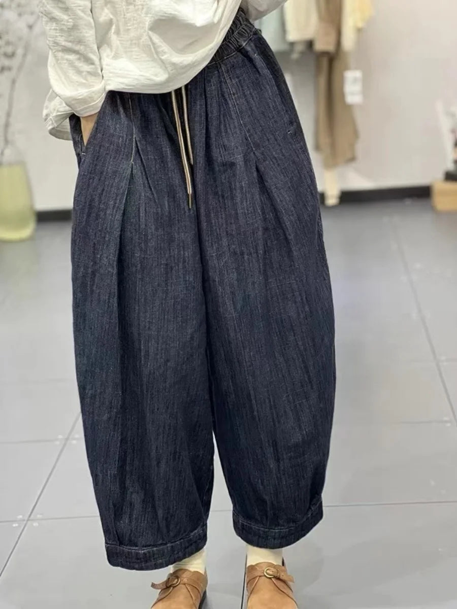 Faionable Retro Artistic Women's Jeans Harlan Pants High Waist Long Trousers All-Match Dstring Elastic Waist Tailored