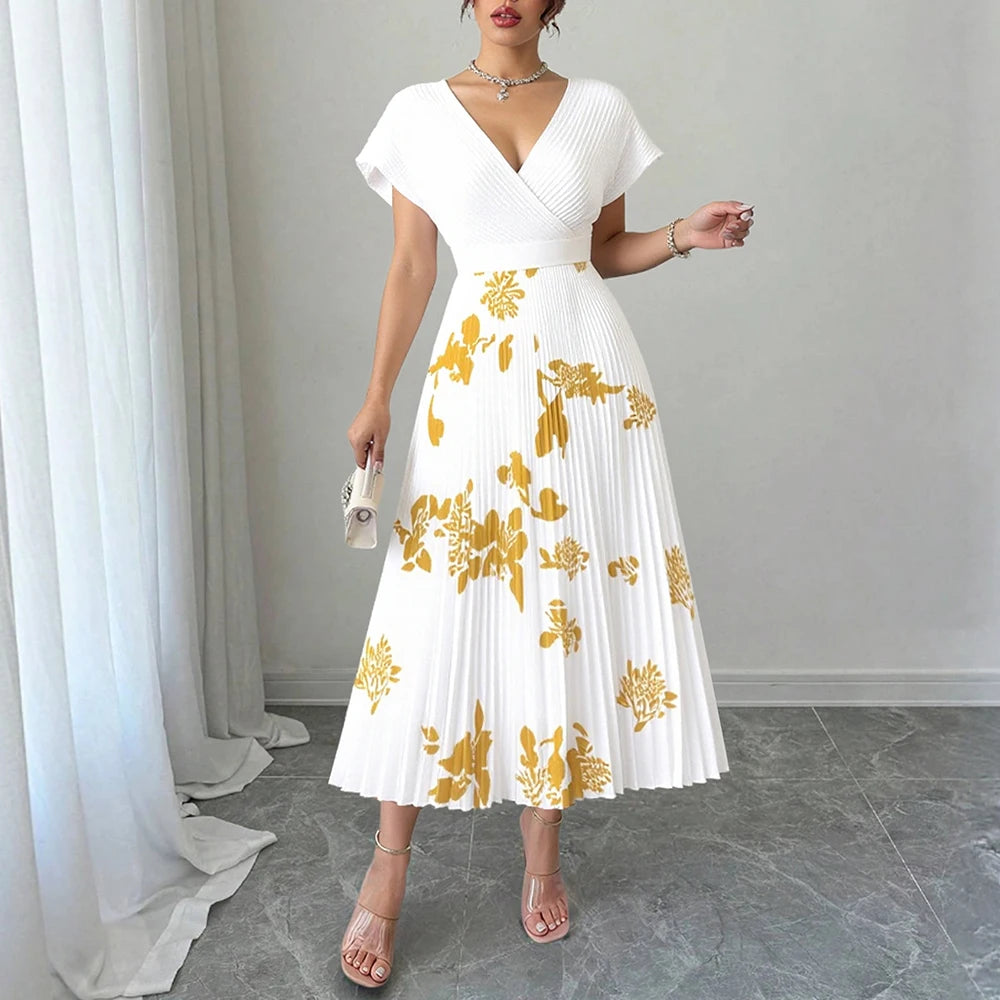 Rafiah Summer Dress 2025 Golden Print Women's Elegant Short Sleeve V-Neck A-Line Midi Dating Arabian Dress