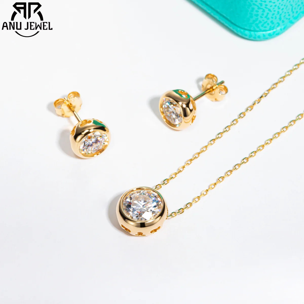 18K Gold Plated 925 Sterling Silver Moissanite Jewelry Set – 1ct Stud Earrings & 2ct Pendant Necklace for Women