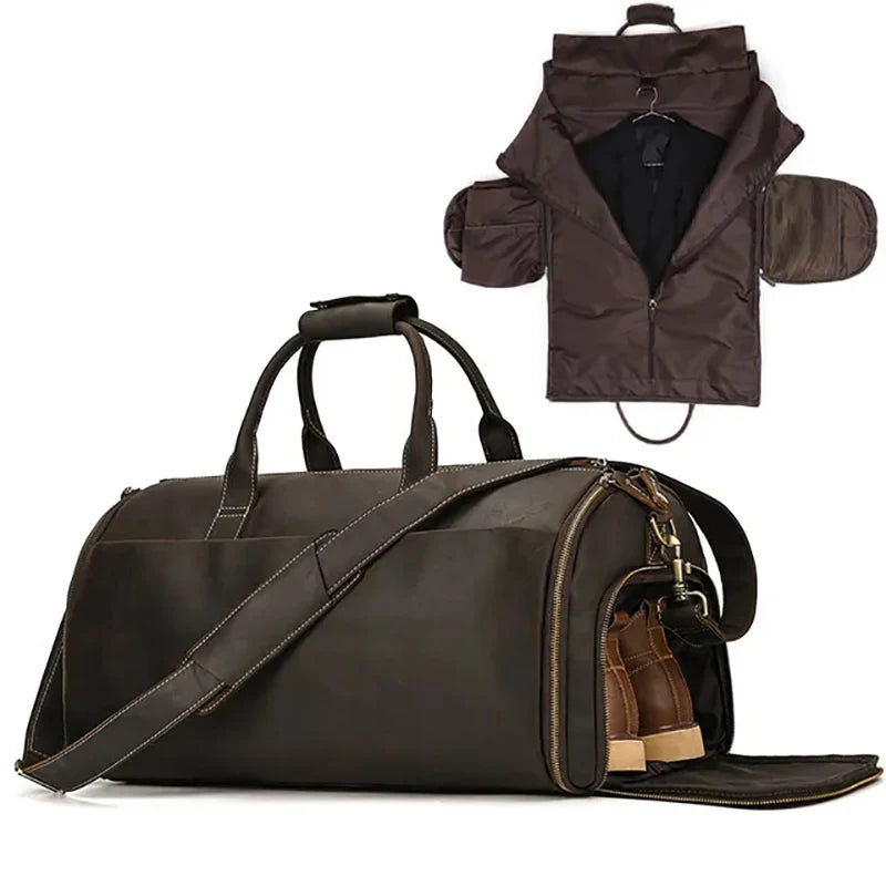Crazy Horse Leather Folding Suit Bag Man Business Travel Bag With Shoe Pocket Clothes Cover Luggage Duffel Bag Man Bag For Suits