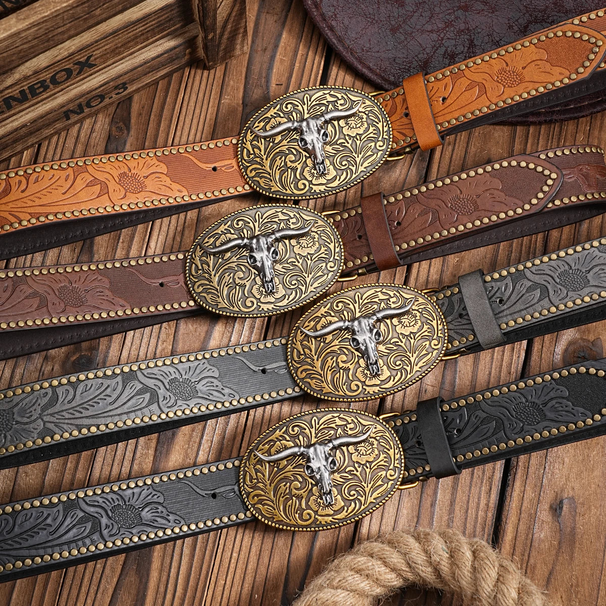 Western Cowboy PU Leather Belt - Men Waist Strap Bull Decoration Floral Engraved for Jeans