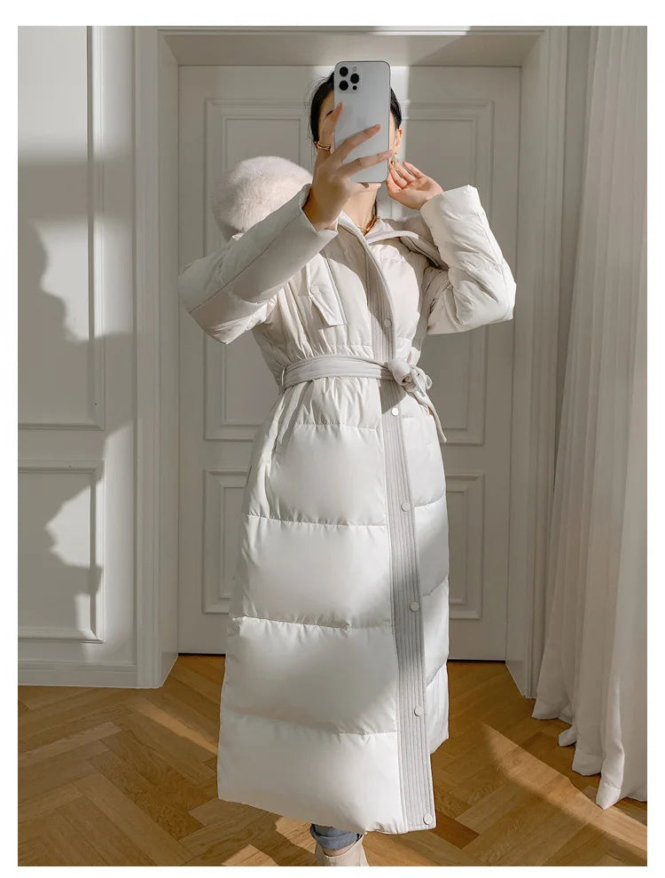 Women’s Luxury White Goose Down Coat – Hooded Long Jacket with Fox Fur Collar & Belt