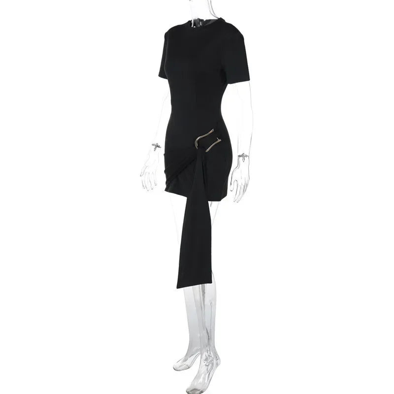 Women's Luxury Black Draped Mini Dress – Metal Buckle, O-Neck, Bodycon Fit