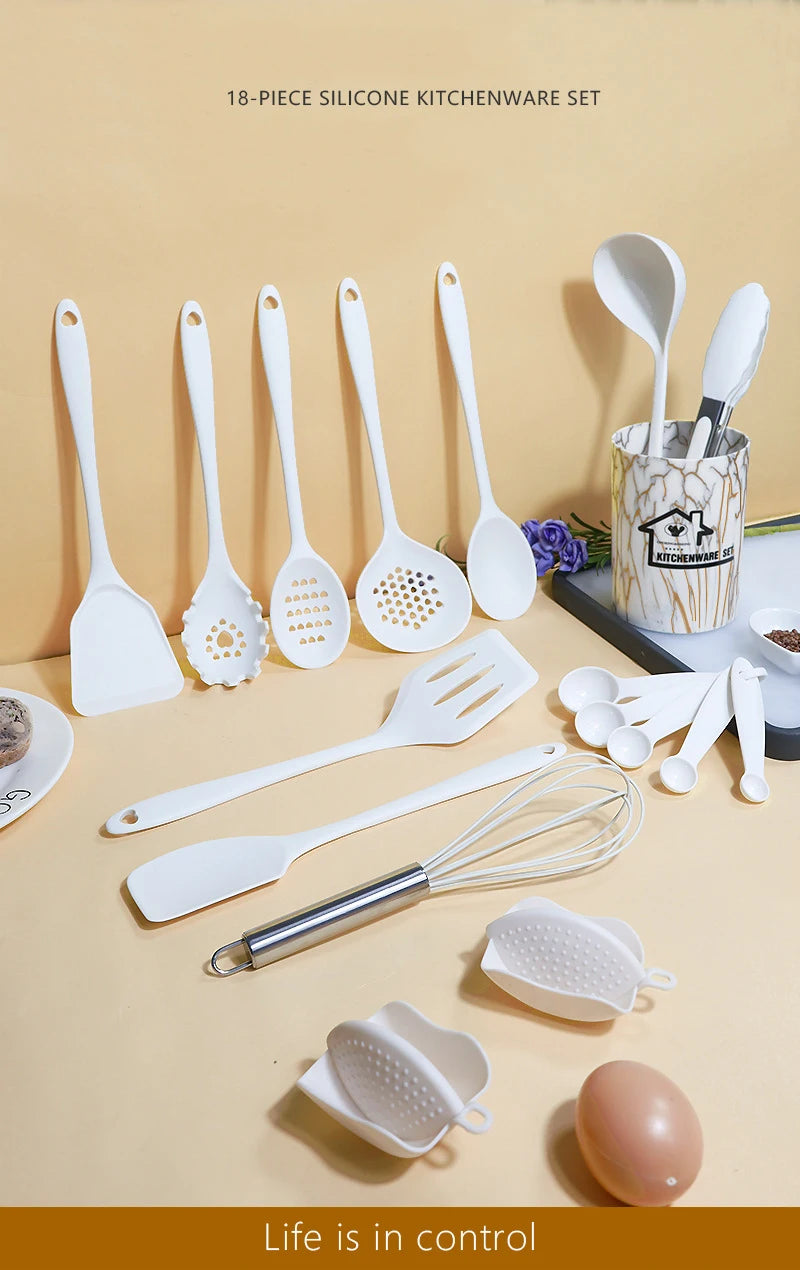 Pink 18Pcs Food Grade Silicone Kitchen Cookware Utensils Turner Spatula Measuring Spoon Practical Cooking Tool Kitchenware Set