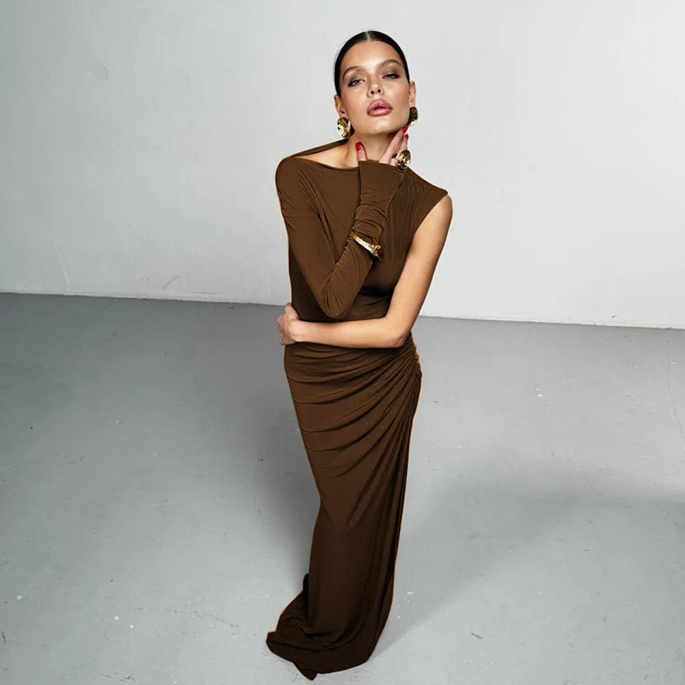 Articat Elegant Single Sleeve High Elasticity Tight Fold Dress Women New 2025 Winter Party Club Evening Dress Bodycon Vestdos