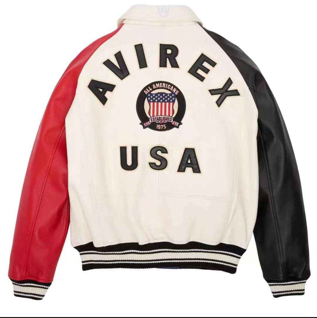 Avirex Colorblocked Men's French Sheepskin Jacket Flight Suit Genuine Leather Leather Jackets US Size Fashion Casual Coat tops