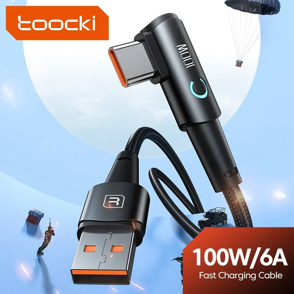 كابل Toocki 6A USB C بزاوية 90 درجة لشحن سريع 100 واط لهاتف OPPO وHonor وHuawei وOneplus وRealme وسلك بيانات الشاحن