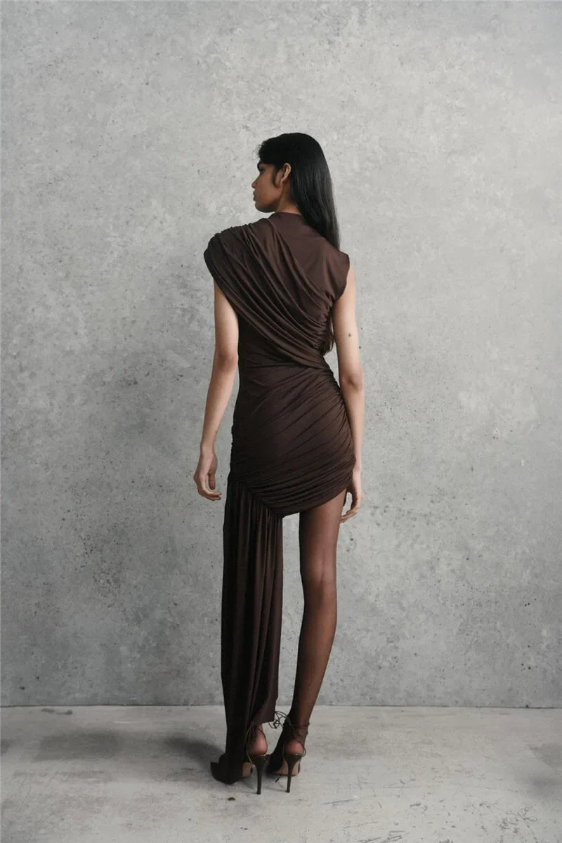 Women's Sleeveless Irregular Draped Ruched Bodycon Party Dress – Elegant Slim Fit, Floor-Length