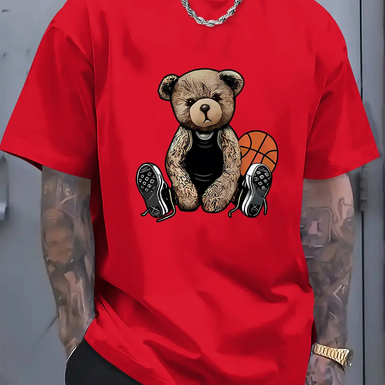 Men's summer 100 cotton fashionable casual sports loose and fun basketball bear pattern printed round neck short sleeved T-shirt