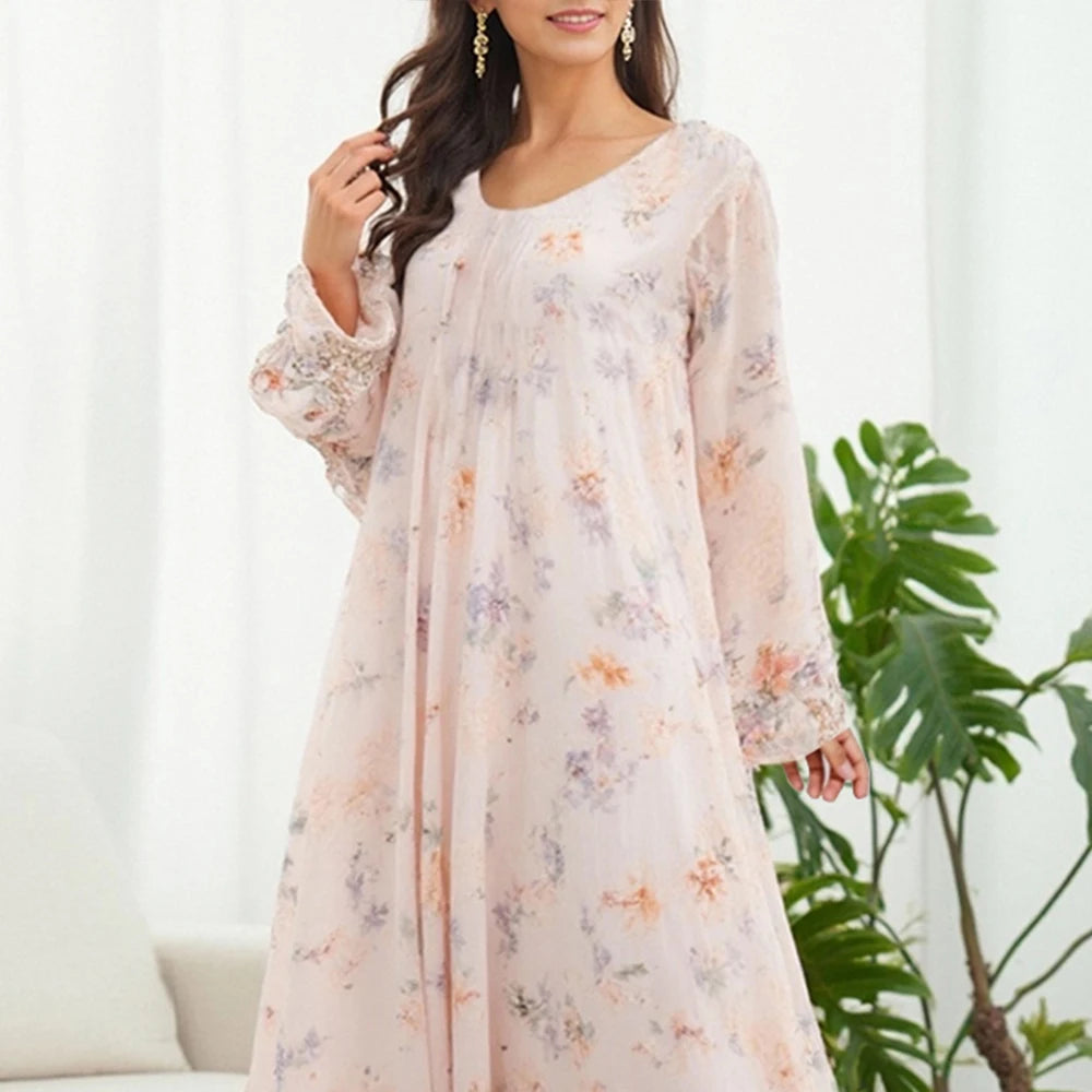 Rafiah Summer Women's Arabian Dress 2025 Elegant Chic Floral Full Print Long Sleeve Round-Neck Ruffle Hem Long Dress