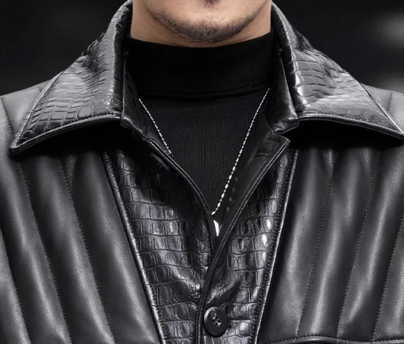 Winter Mens Sheepskin Genuine Leather Down Coat Thicken Warm Single Breasted Turn-Down Collar Medium Length Overcoat Size 5XL