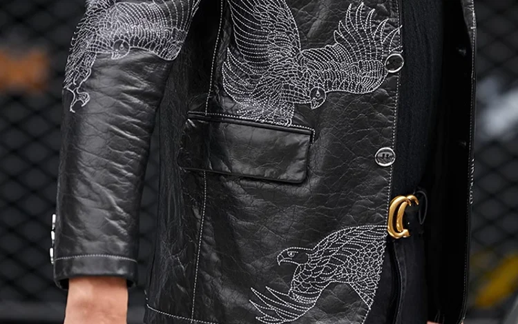 Business Men Fashion Eagle Embroidery Blazer Jacket Slim Fit Work Suit Coat Spring Autumn Natural Cowhide Genuine Leather Jacket