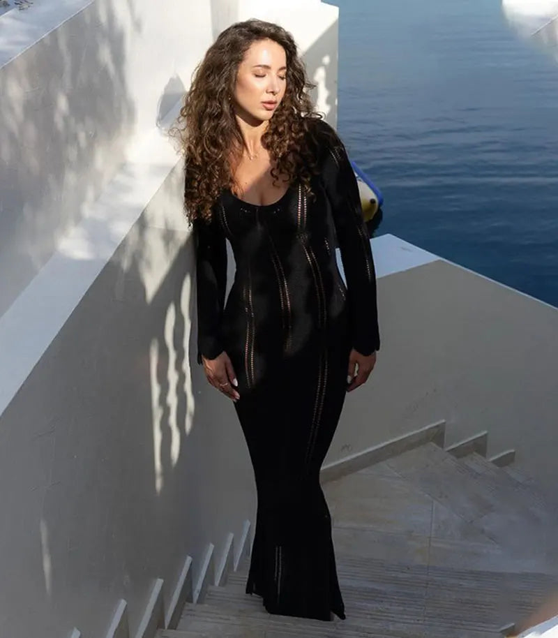 Knitted Hollow Out Maxi Dress – Women's Long Sleeve Off Shoulder Slim Fit.White/Black