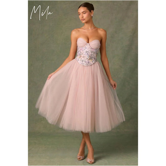 Mila Pink Sweetheart Neck Customized Party Dresses Flower Sleeveless Prom Dresses Elegant Lace-Up Tra-length Evening Dresses