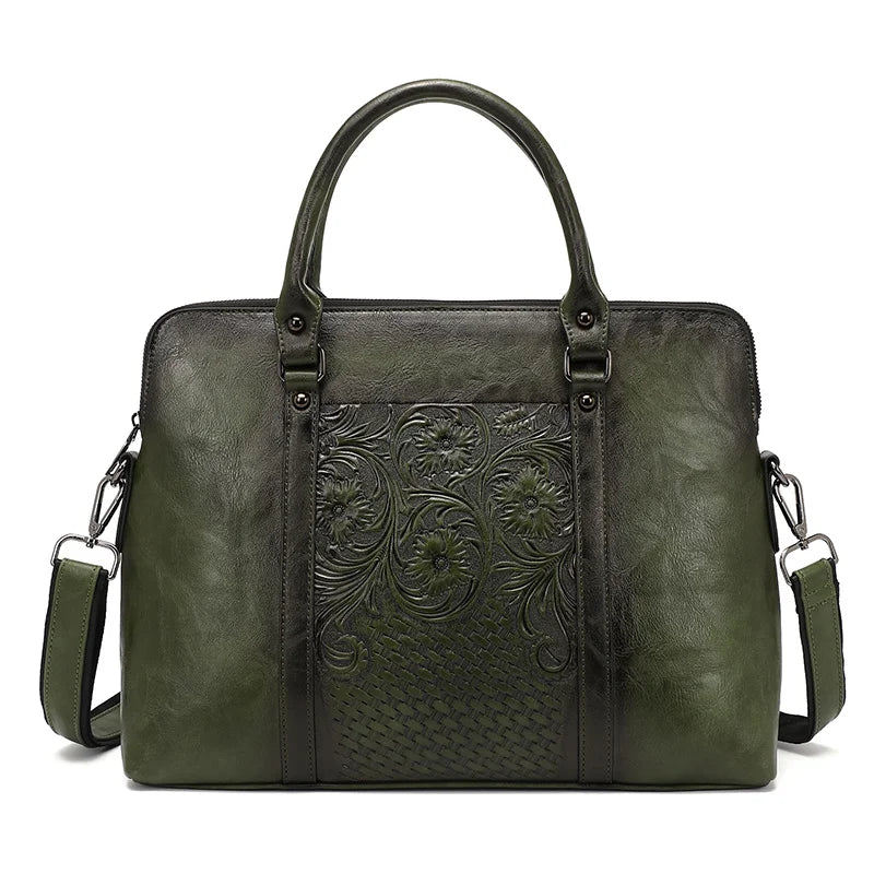 MOTAORA Women's Leather Handbag Large Capacity Vintage Shoulder Bags Female Retro Embossed Women Briefcase For 14 inch Laptop