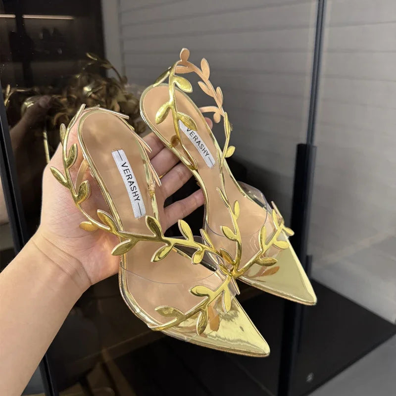 Gold High Heels Women 2025 Summer New Metal Patent Leather Leaf Thin Heel Pointed Open Toe Purple Sandals