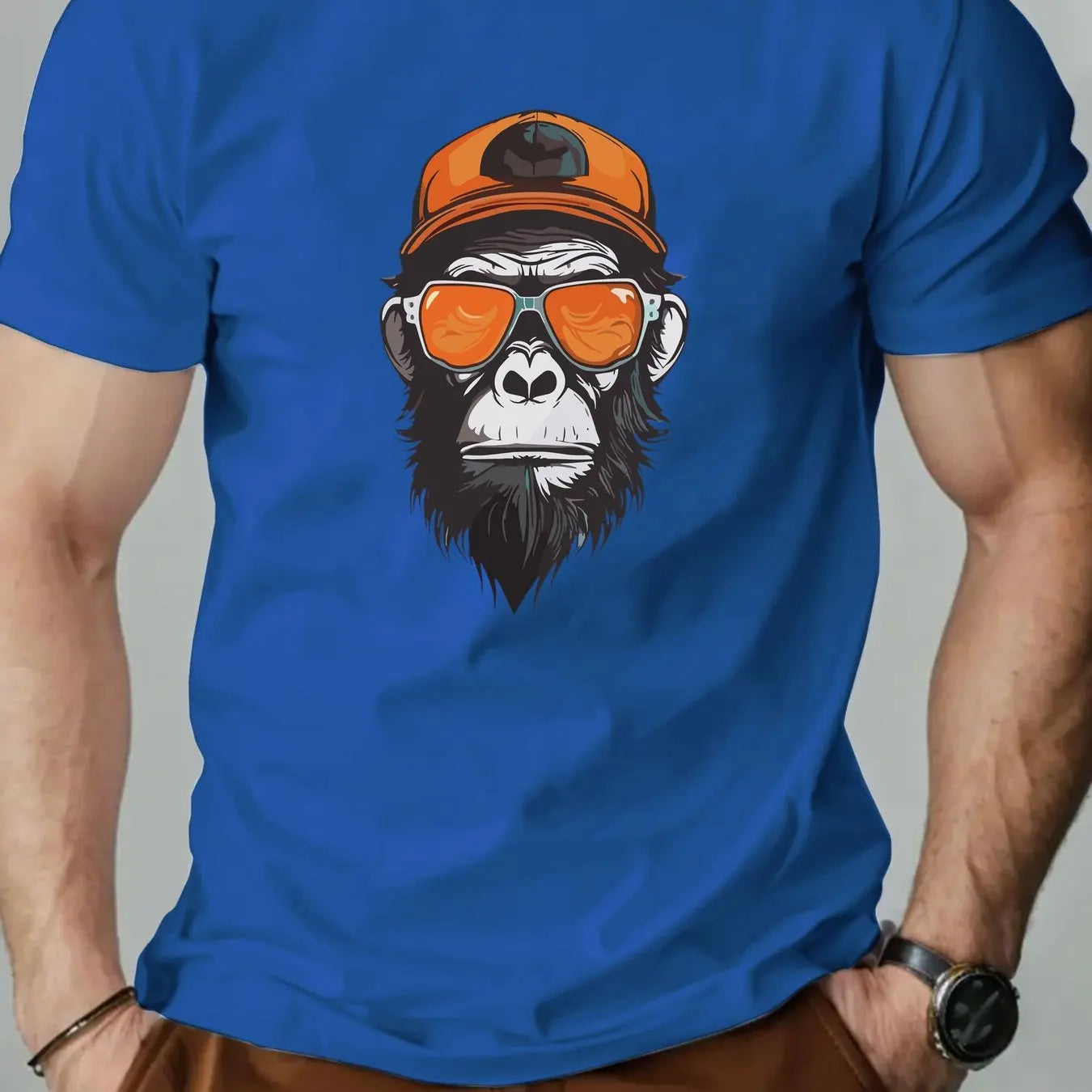 Men's summer 100% pure cotton fashionable casual sports loose monkey with sunglasses π glasses pattern printed round neck short sleeved T-shirt top