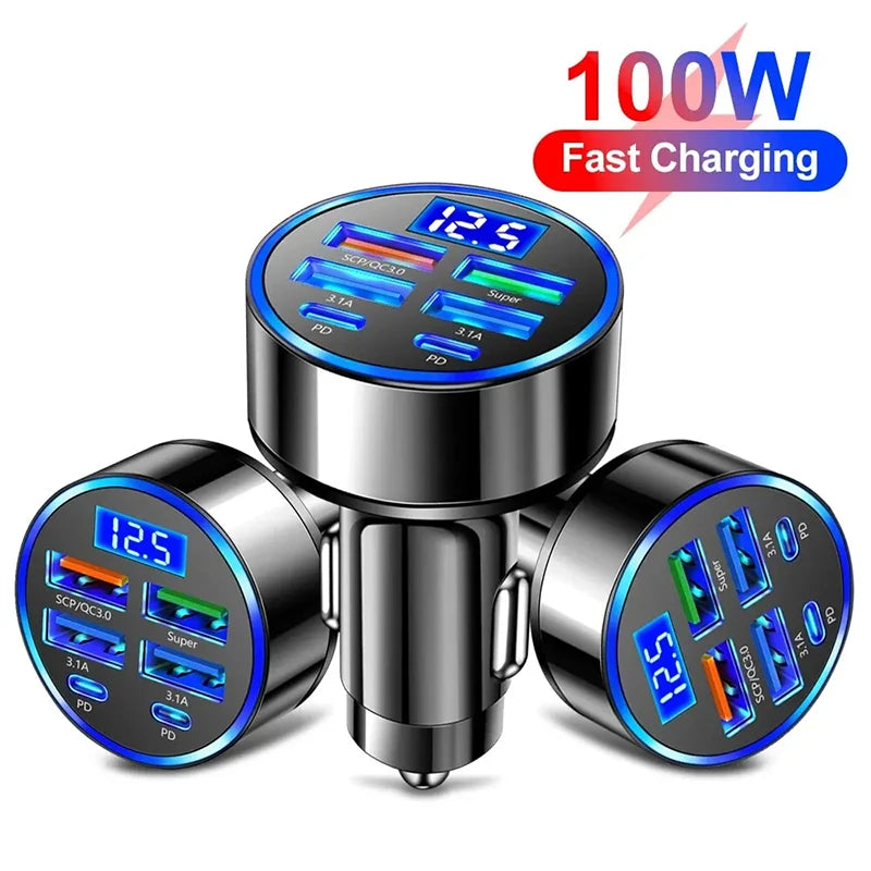 Xiaomi 100W 6 Ports Car Charger Fast Charging PD QC3.0 USB C Car Phone Charger Type C Adapter in Car For iPhone Samsung Huawei