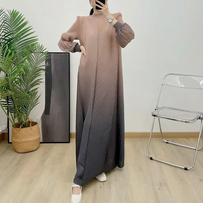 KAF Pleated Women Casual Dress 2025 Spring Autumn New Round Neck Long Sleeve Gradient Color Loose Large Size Design Dresses