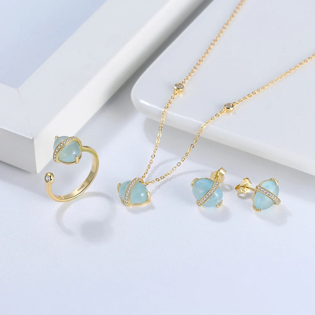 ORSA JEWELS 925 Sterling Silver Natural Aquamarine Earrings Necklace Ring Set 14K Gold Plated for Women Jewelry Sets Gift SSGM04